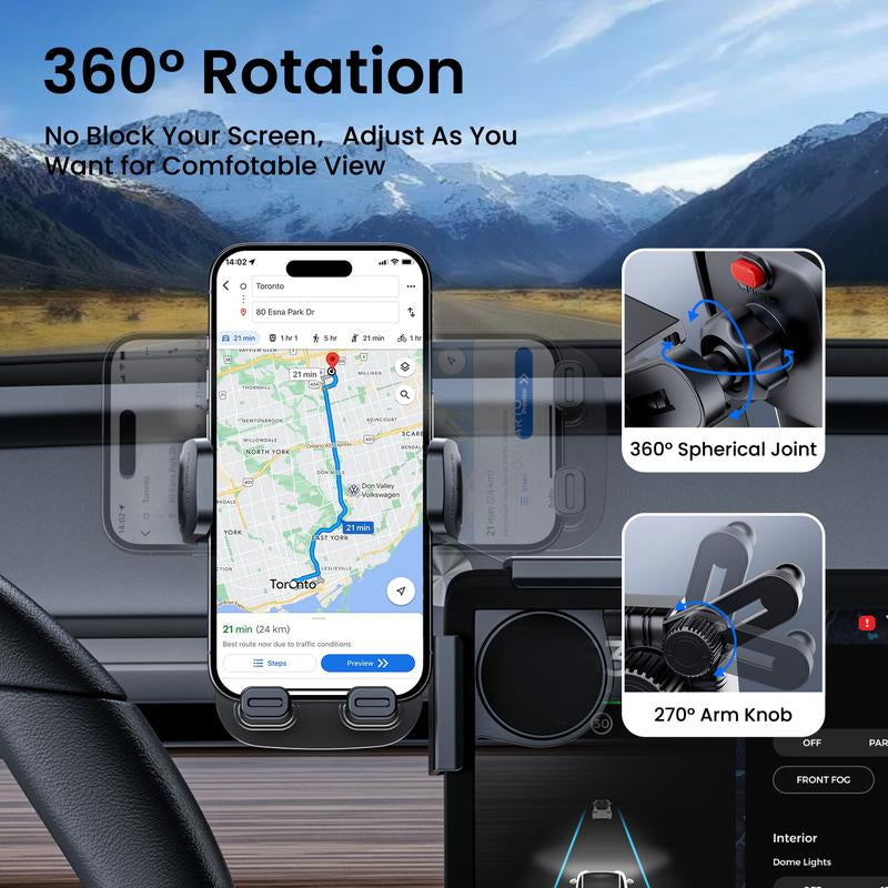 ORNARTO for Tesla Phone Mount, 360° Adjustable Car Phone Holder Mount for Tesla Model Y 3 S X Accessories, Enhanced Stability & Touchscreen Protection, Universal Fit for All Iphone & Android Phones